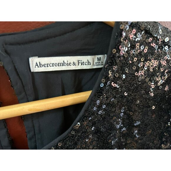 Abercrombie & Fitch Black Sequin Puff Sleeve Ruched Sleeves Medium Round Neck - Picture 3 of 6
